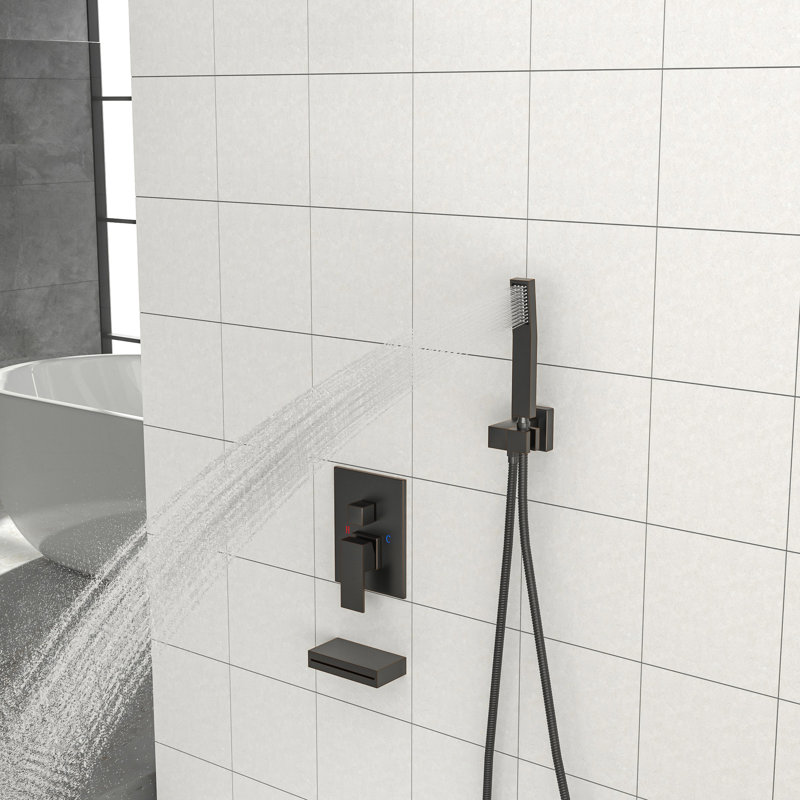 Système de douche avec bec de baignoire cascade et pomme de douche carrée effet pluie - Montage plafond 30 cm, douchette à main, finition bronze huilé, pour une douche en mouvement. Ensemble bronze avec pomme de douche effet pluie, bec et robinet, montage de 30 cm.