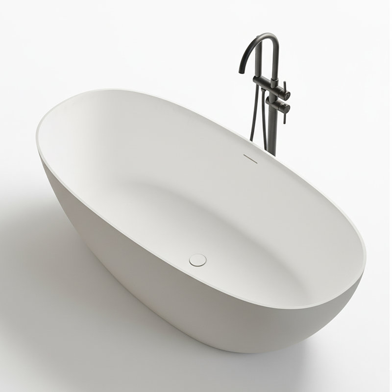 59'' Freestanding Tub Solid Surface Stone Resin Free Standing Soaking Bathtub with Overflow, Pop-up Drain, White
