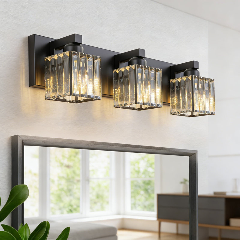 Modern 3-Light Bathroom Vanity Light With Crystal Accents - Black Square Shade Fixture For Mirror Wall Mount - Dimmable & E26 Socket Compatible