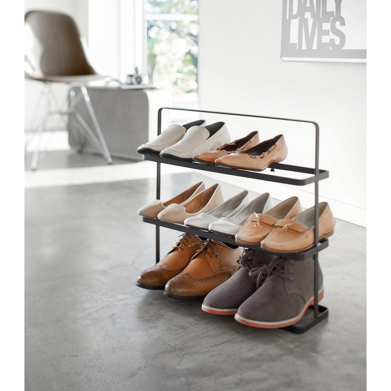 Yamazaki Home Shoe Rack, Wide, Short, Steel, Short, Holds 6 to 9 shoes, Handles, Black