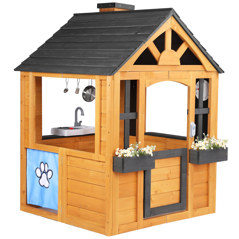 Antigone Cedar Backyard Playhouse With Toy Kitchen, Burlywood
