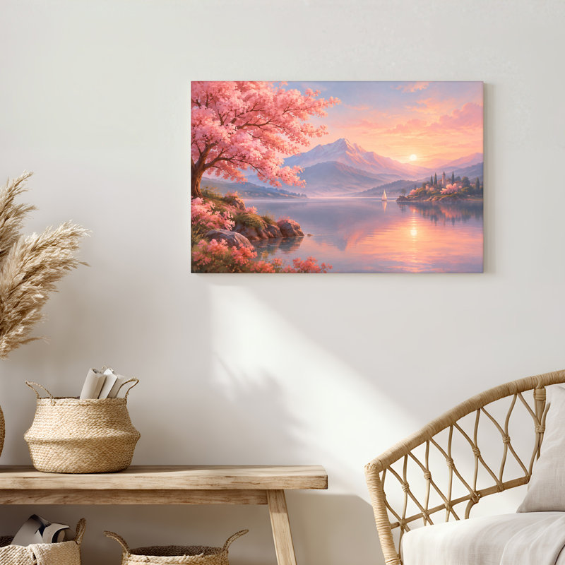 «Pink Blossom Tree and Mountain Lake At Sunset», art mural sur toile, 24"H x 36"W