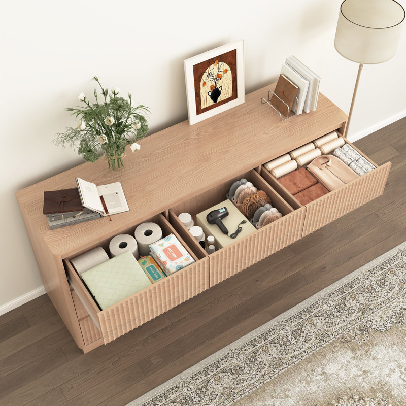 Commode 9 tiroirs pour chambre à coucher avec grands tiroirs, commode en bois, grande commode de plancher, long meuble télé moderne, table d'appoint avec rangement Mid-Century, naturel