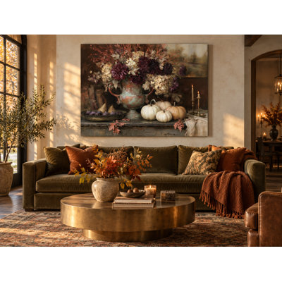 Art antique sur toile tendue avec fleurs et citrouilles