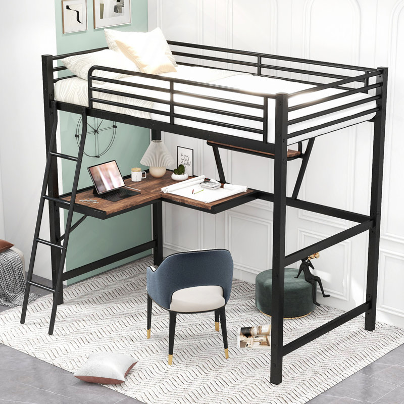 Lit mezzanine simple en métal et lit avec bureau et tablette, Lit simple