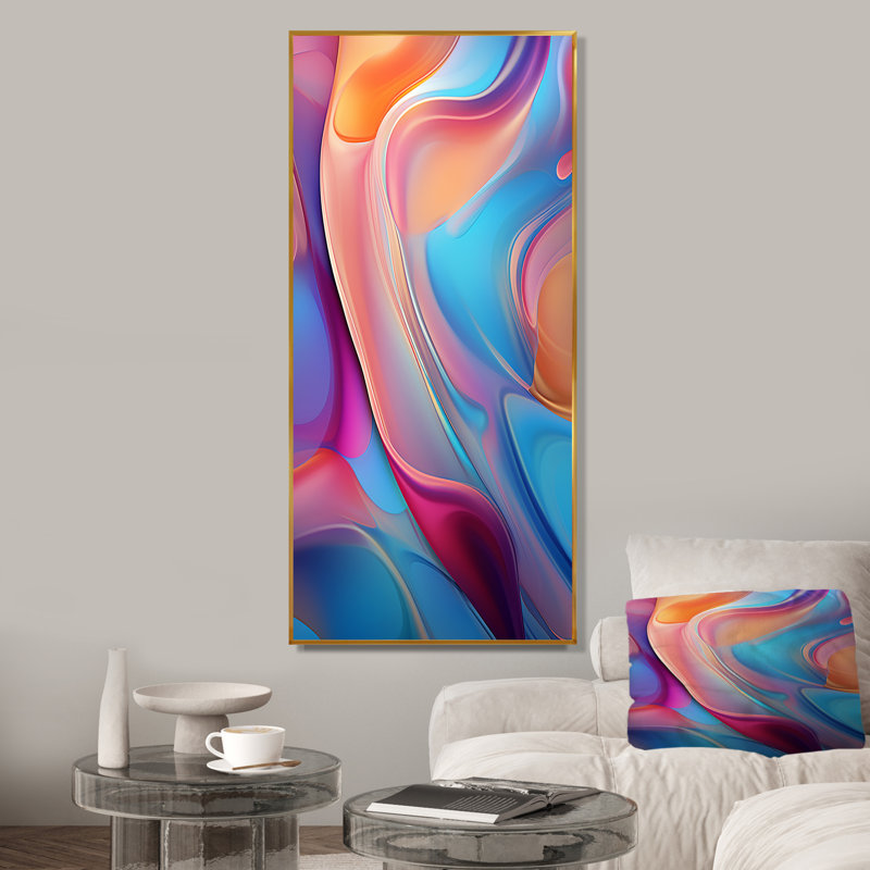 Art mural sur toile abstrait transitionnel rose et bleu II, Cadre flottant doré, H 60 po x l 28 po x P 1,5 po