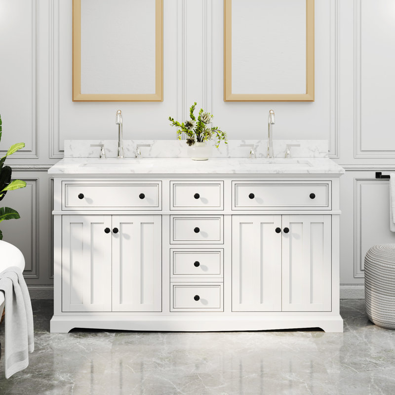 Meuble-lavabo double Barnhart 60 po entièrement assemblé avec comptoir en pierre reconstituée, dosseret inclus, lavabo en céramique, peinture à la main, tiroirs encastrés à fermeture amortie et charnières de porte à fermeture amortie.