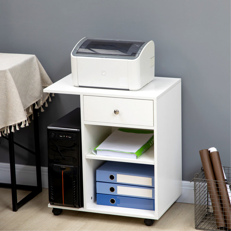 Support mobile pour imprimante, classeur à roulettes avec roulettes, armoire d'appoint avec tablette réglable, tiroir et support pour unité centrale 