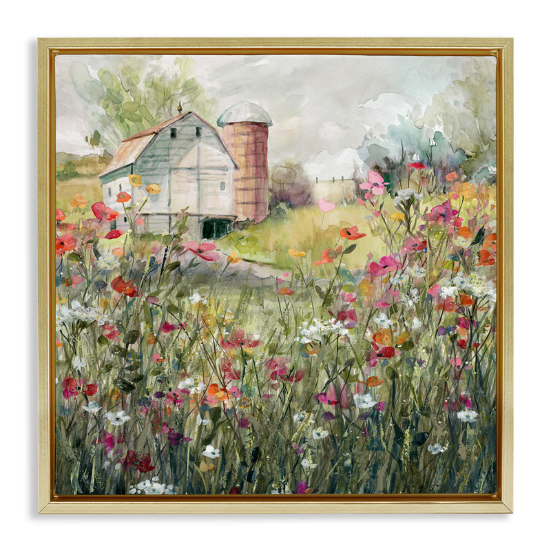 «Vibrant Meadow & Barn», art mural encadré sur toile flottante par Carol Robinson, Cadre flottant métallique doré