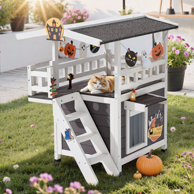 Outdoor Cat House 2-Storey Wooden Feral Cat Shelter with Stairs & Balcony