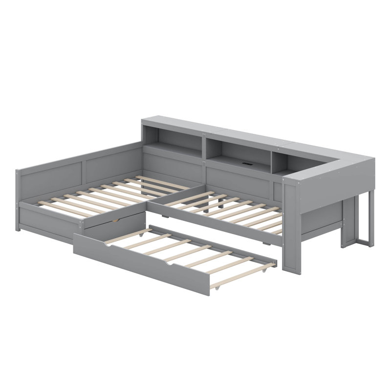Lit plateforme en L avec lit gigogne, lit de jour avec tablette de rangement et station de charge, structure de lit d'angle simple en bois