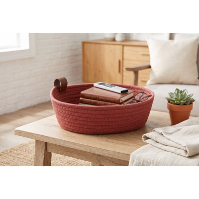 Small Cotton Rope Storage Basket, Woven Rectangular Organizer Bin for Shelves, Nursery, Entryway, Two-Tone Decorative Basket for Keys, Remotes - 10.23 x 7.87 in
