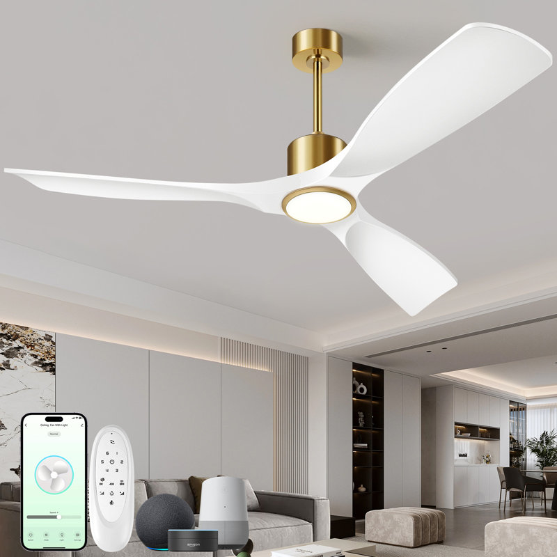 Ventilateur de plafond intelligent 60 po avec lumière, 3 pales ABS, télécommande à 6 vitesses et commande vocale APP, 3CCT, à intensité variable, moteur réversible BLDC