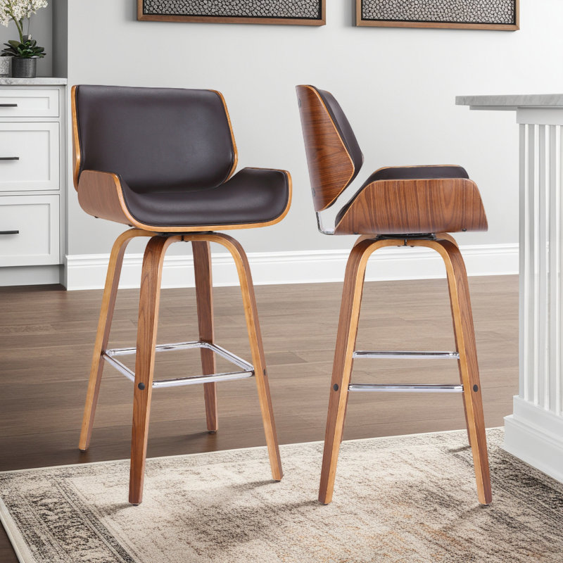 Tyler Mid-Century Swivel Counter Height Barstool in Brown Faux Leather with Walnut, 66cm