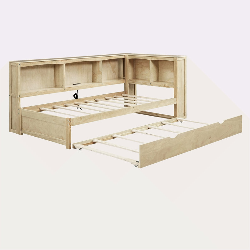 Lit de jour simple avec lit gigogne, armoires de rangement et ports USB
