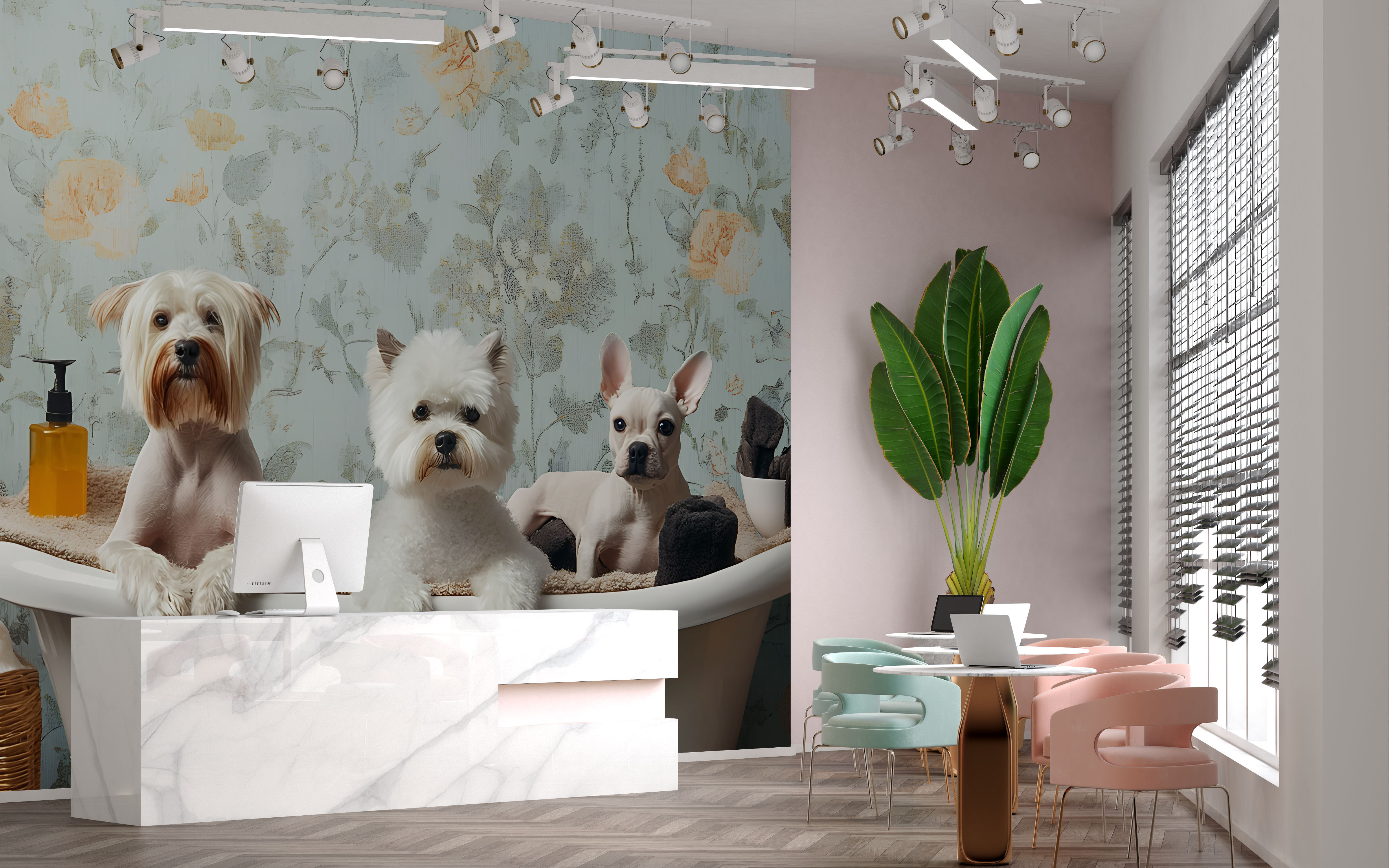 Trinx Elegant Dog Bath Wallpaper – Three Stylish Pups In Floral Tub ...