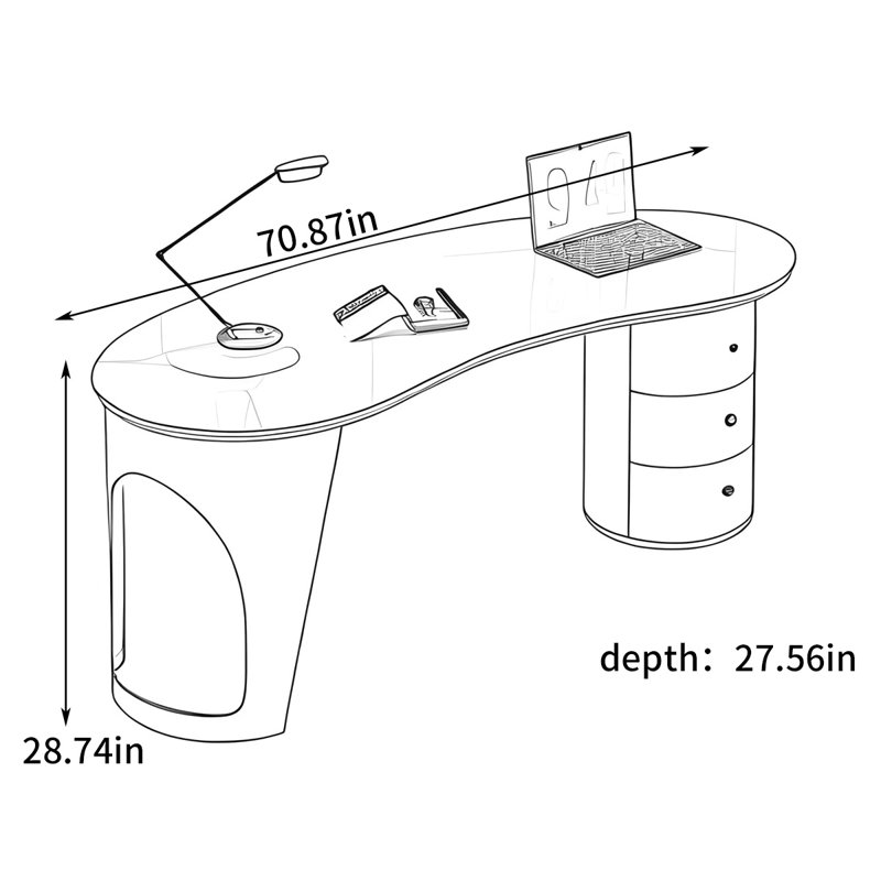 Bureau d'ordinateur simple et moderne, H 28,74 po x l 70,87 po x P 27,56 po, Blanc / Doré