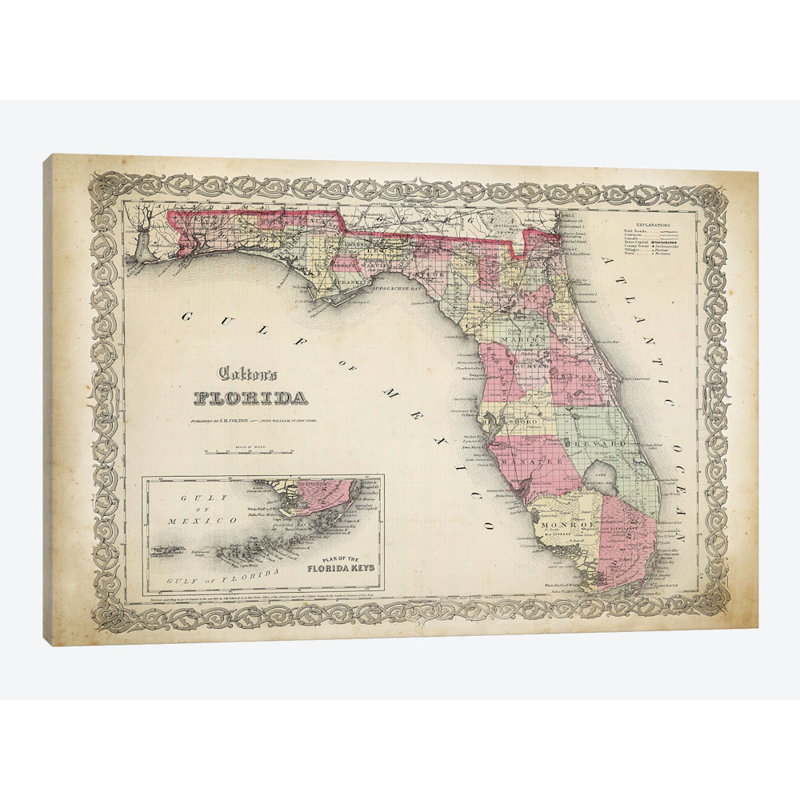 «Florida Map, 1863», impression sur toile, H 26 po x l 40 po x P 1,5 po, Toile tendue, Pas de tapis