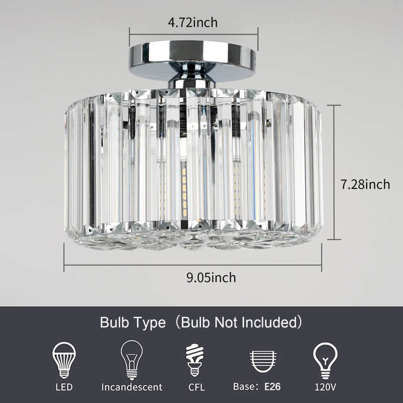 1 - Light 9.05" Crystal Semi Flush Ceiling Light Modern Crystal Chrome Fixture for Living Room Hallway Bedroom, Chrome