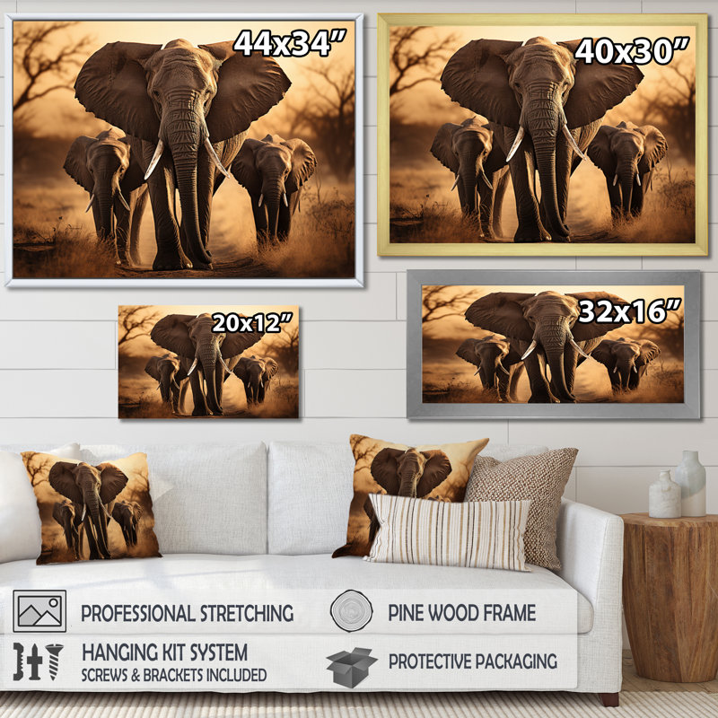 «Elephant Shadows Of Serenity I», art sur toile éléphant, H 30 po x l 40 po x P 1,5 po, Cadre flottant érable