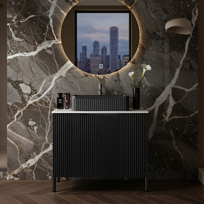 Meuble-lavabo 30 po avec comptoir en pierre frittée blanc Carrara et lavabo en céramique, armoire de rangement avec 2 portes rayées à fermeture en douceur
