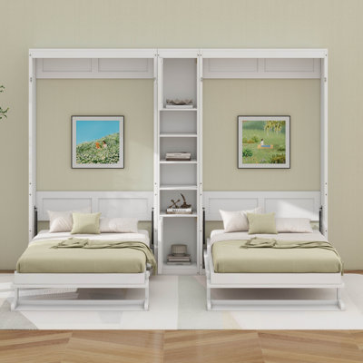 Double lit escamotable simple avec tablettes et armoires de rangement, lit escamotable double escamotable en bois de pin avec rangement