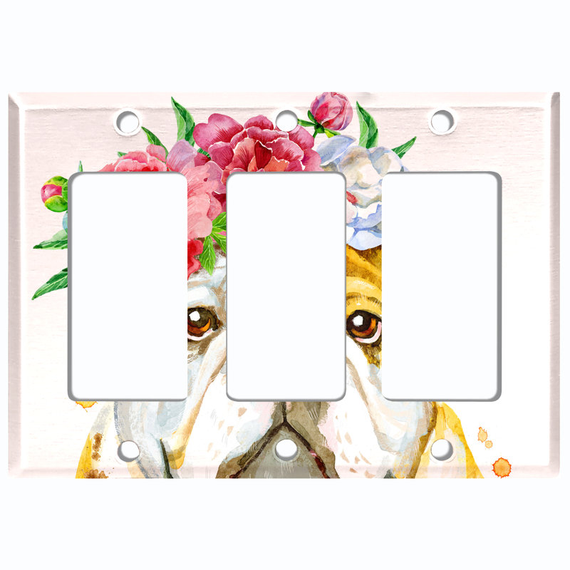 Mignon bouledogue avec couronne de fleurs et plaque murale