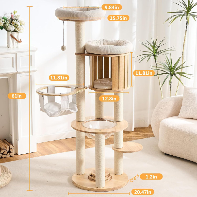 Solid Wood Cat Tree Tower with Scratching Post, 61 Inches Tall Cat Towers with Capsule and Condo, Modern Cat Tower with Hammock and Removable Top Bed for Indoor Cats
