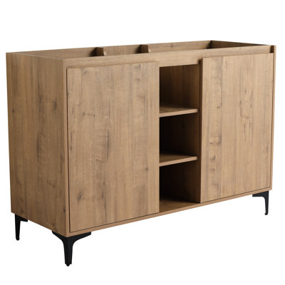 Meuble-lavabo autoportant de 122 cm (48 po), portes à fermeture amortie, trois étagères de rangement ouvertes, base en contreplaqué, décor moderne, charnières sur les portes, espace de rangement, matériau, installation