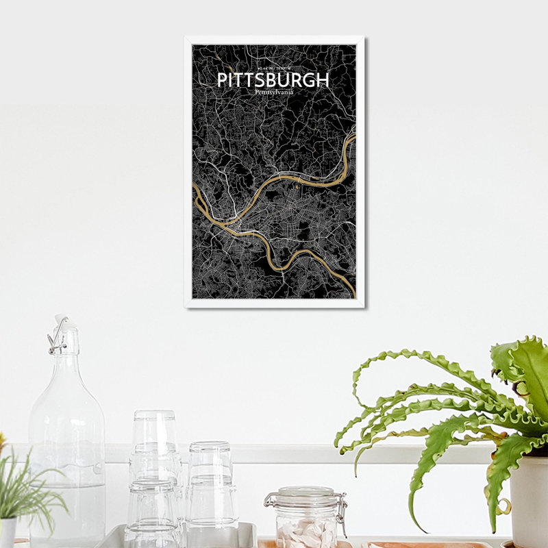 Pittsburgh City Map, impression, H 17 po x l 11 po, Noir et or