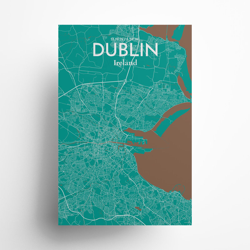 «Dublin City Map», impression de luxe, H 36 po x l 24 po, Vert / brun