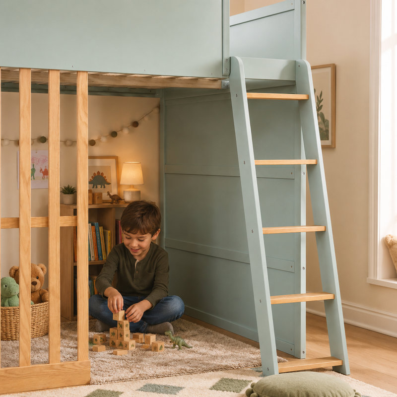 Lit mezzanine avec tablettes de rangement Leonide, Lit double, Vert menthe