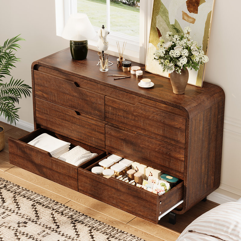 Commode à 6 tiroirs de 47 pouces de large en brun - Armoire de rangement en bois pour le salon ou le couloir, Brun