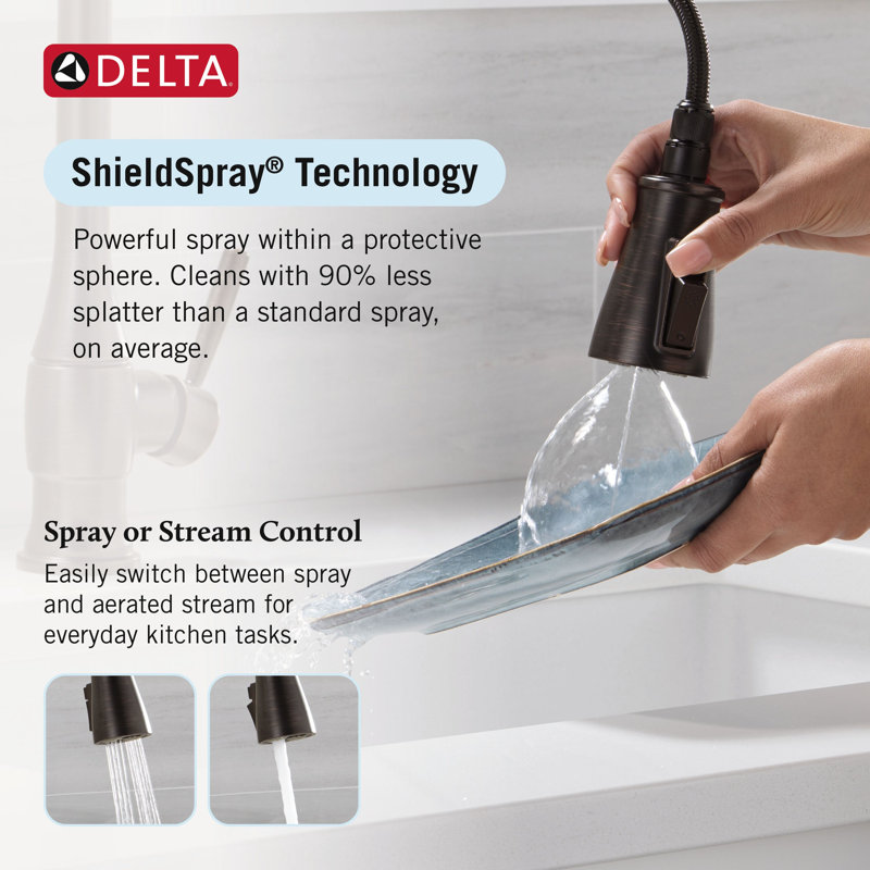 Delta Hazelwood Oil Rubbed Bronze Kitchen Faucet with Pull Down Sprayer and Soap Dispenser, Modern Single Hole Kitchen Sink Faucet, Single Handle, Venetian Bronze