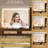 47" Rattan-Textured Makeup Vanity Desk with Lighted Mirror, 13.8" Slim Depth Dressing Table, Boho Makeup Vanity with 5 Drawers and Storage Shelves-1787182862