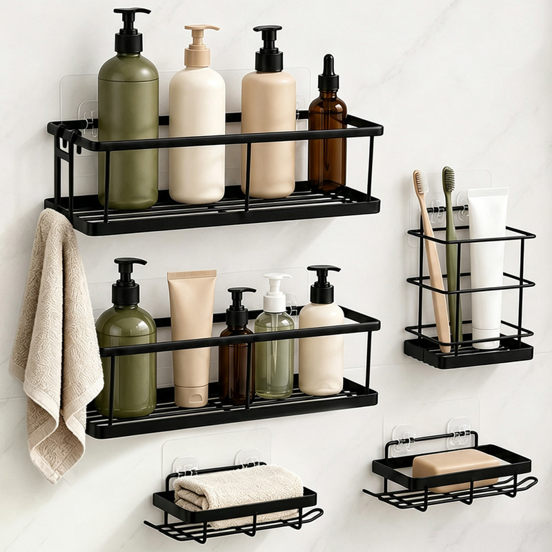 Ensemble de support de douche adhésif 5 pièces, organisateur de douche mural sans perceuse, tablettes de rangement de salle de bain en acier au carbone avec crochets