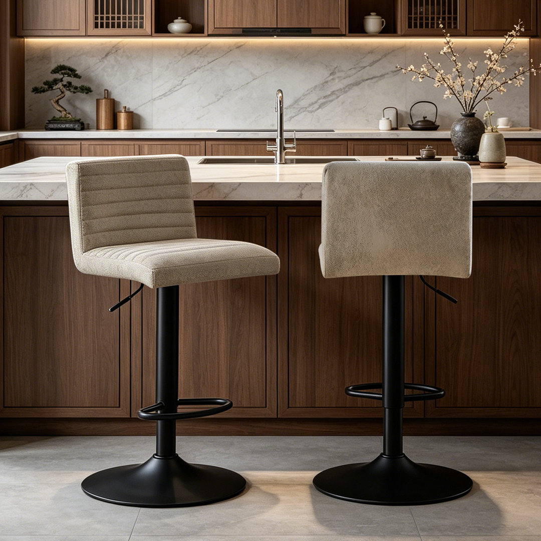Modern Suede Height Adjustable Bar Stool with Low Back & Footrest 360 Swivel Kitchen Counter Stool