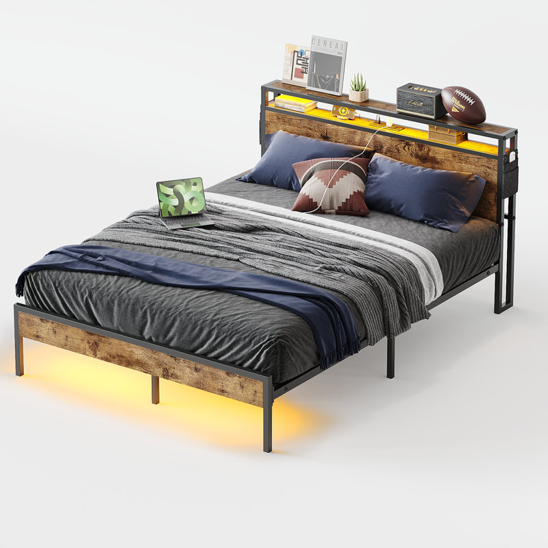 Queen Metal Bed Frame with Rustic Wood Storage Headboard and LED Lights