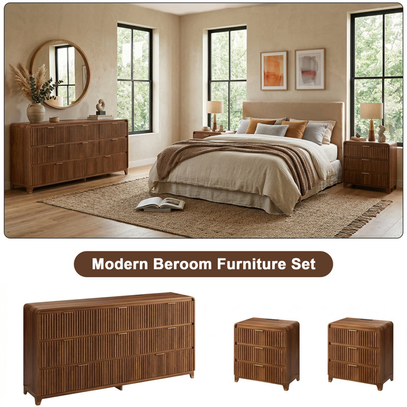 Ensemble de commode et table de chevet 3 pièces pour chambre à coucher, Walnut