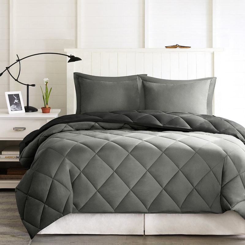 Édredon pour lit simple / simple TG de 3 m avec bourre et duvet synthétique réversible, Noir/gris