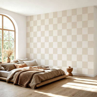 Wall Mural Peel and Stick Wallpaper Minimal Cream White Checkered Design Self-Adhesive Removable Contact Paper Wall Decor for Living Room Bedroom 69"H x 96"W