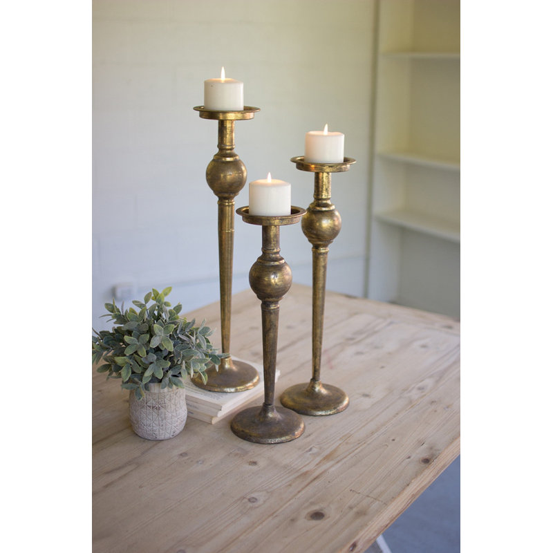  Candle Stands 22" H Antique Brass Finish Metal Holders, Traditional Gold Decor Set of 3