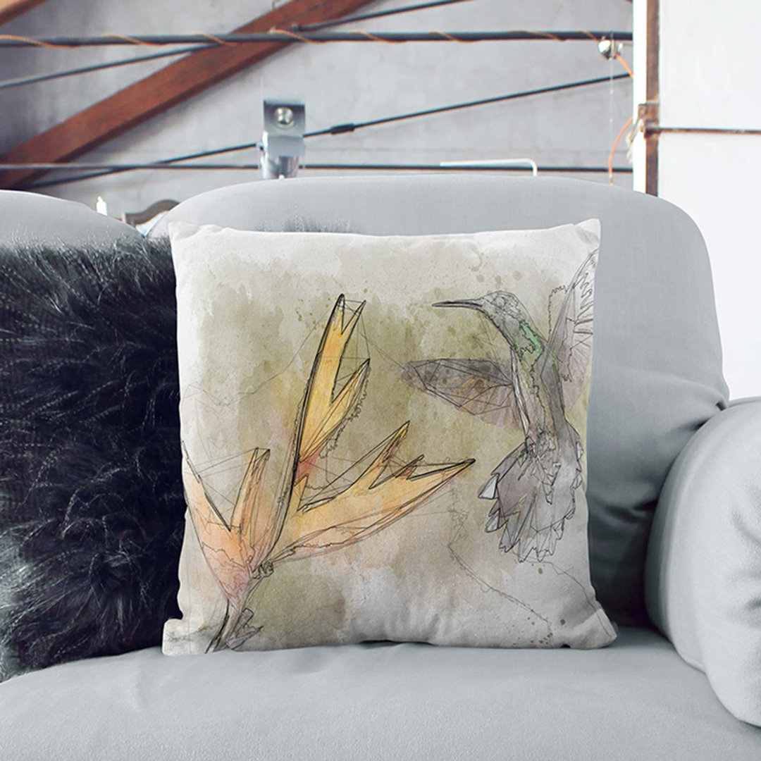 Hummingbird by a Flower in Abstract Cushion with Filling