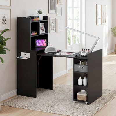 Wall-Mounted Nail Desk with Large Storage & Built-In Charging Station, Multi-Functional Folding Table for Home Salon, Office or Craft Use