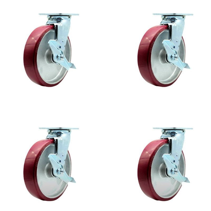 SS Poly on Aluminum Swivel Caster Set with Ball Bearings and Brakes SCC