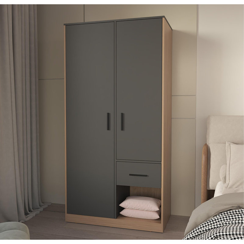 Matt Grey Wardrobe – 2 Doors, 1 Drawer, Stylish Bedroom Storage