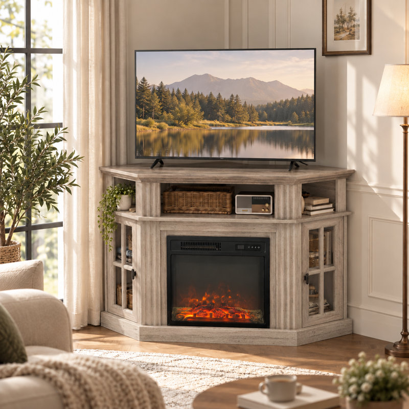 Meuble télé pour téléviseur de 55 po ou moins, console d'angle avec foyer électrique incluse, Brun