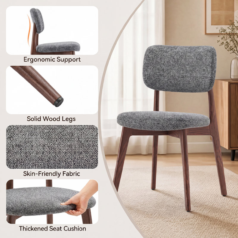 Upholstered Dining Chairs, Solid Oak Frame, Modern Dining Side Chair, 6, Dark Grey + Walnut