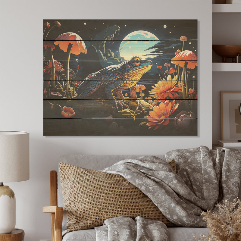 Cosmic Art Frog I - grenouilles et crapauds, art mural sur bois de pin naturel, H 24 po x l 32 po