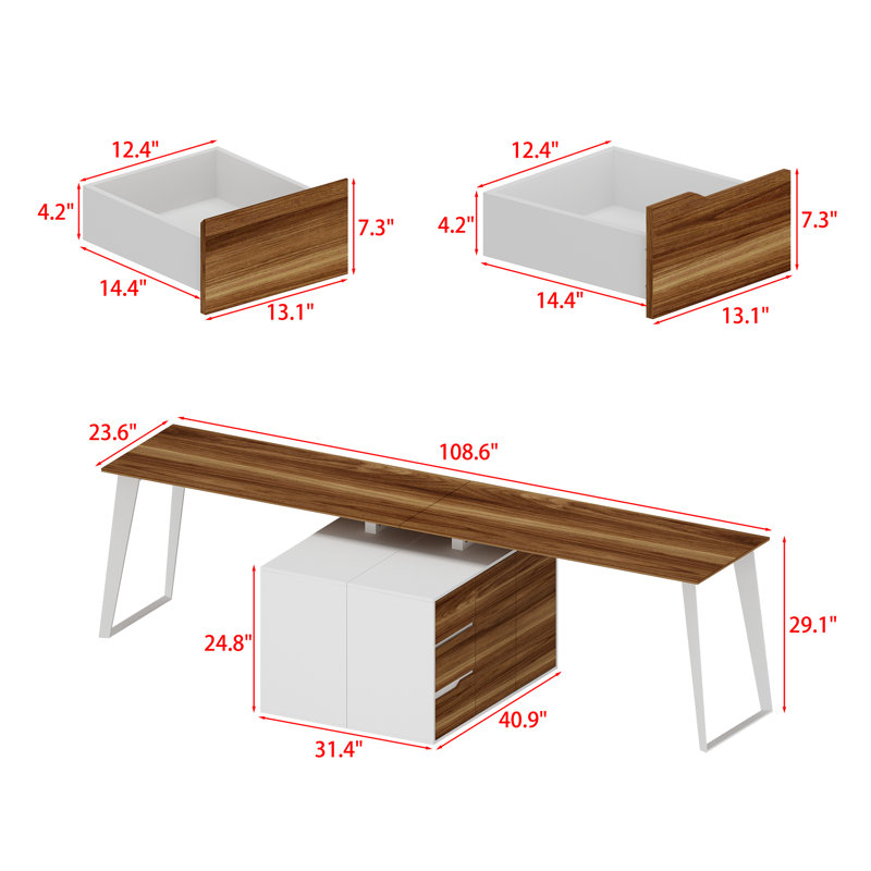 108"W 2 Person Computer Desk, White/Brown
